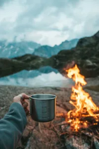 car camping, drinking warm coffee tea