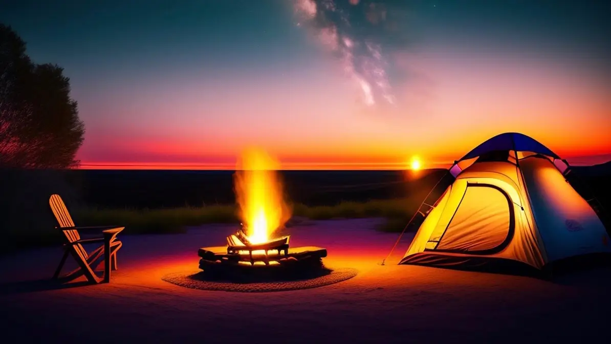 over looking the horizon in tent, lit campfire stone solo